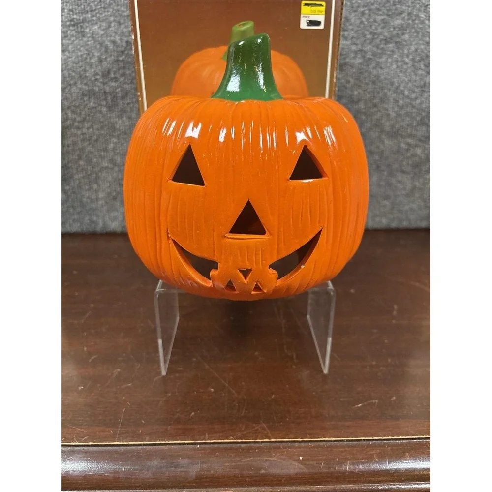 Vtg Halloween Earthenware Pumpkin Jack O' Lantern Ceramic Votive Candle Holder